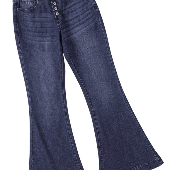 Button Fly Raw Hem Flared Jeans with Pockets - Picture 13 of 14